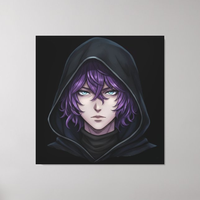Dark Hoodie Anime Boy with Purple Hair Canvas Print (Front)