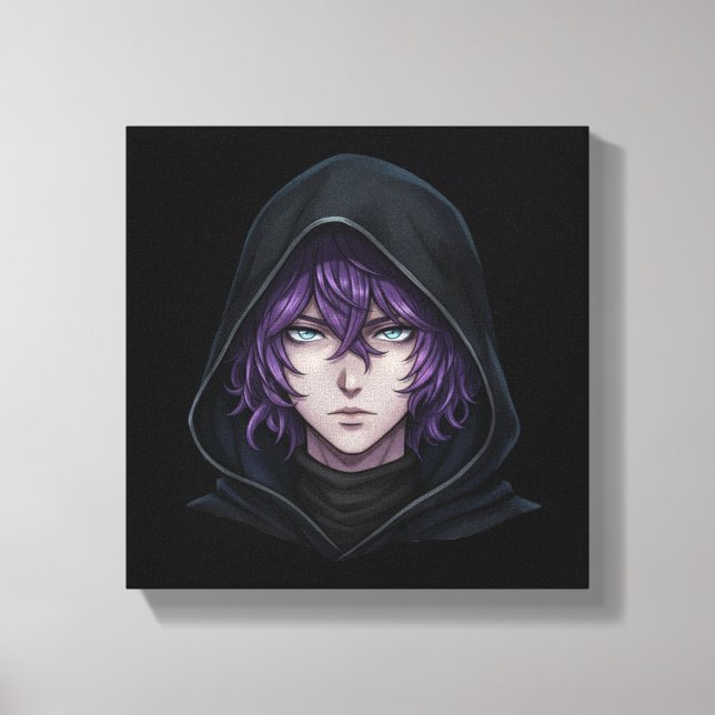 Dark Hoodie Anime Boy with Purple Hair Canvas Print (Front)