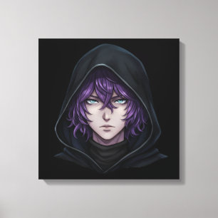 Dark Hoodie Anime Boy with Purple Hair Canvas Print
