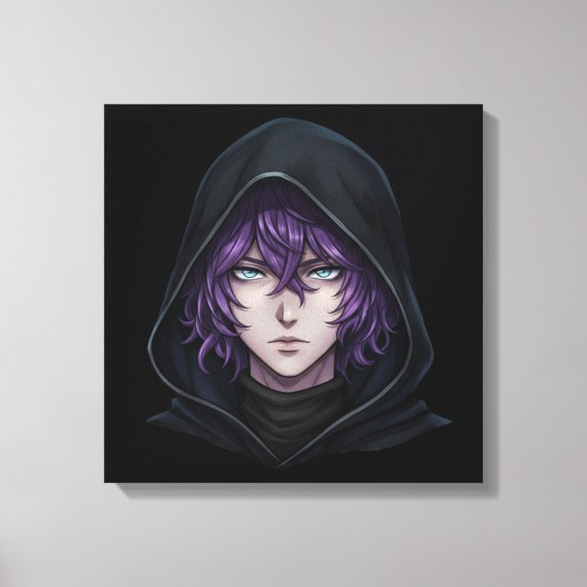 Dark Hoodie Anime Boy with Purple Hair Canvas Print (Front)