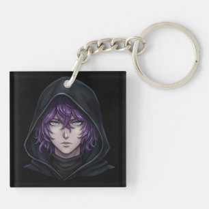 Dark Hoodie Anime Boy with Purple Hair Key Ring