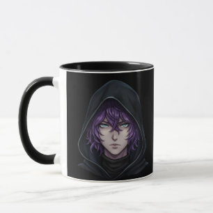 Dark Hoodie Anime Boy with Purple Hair Mug