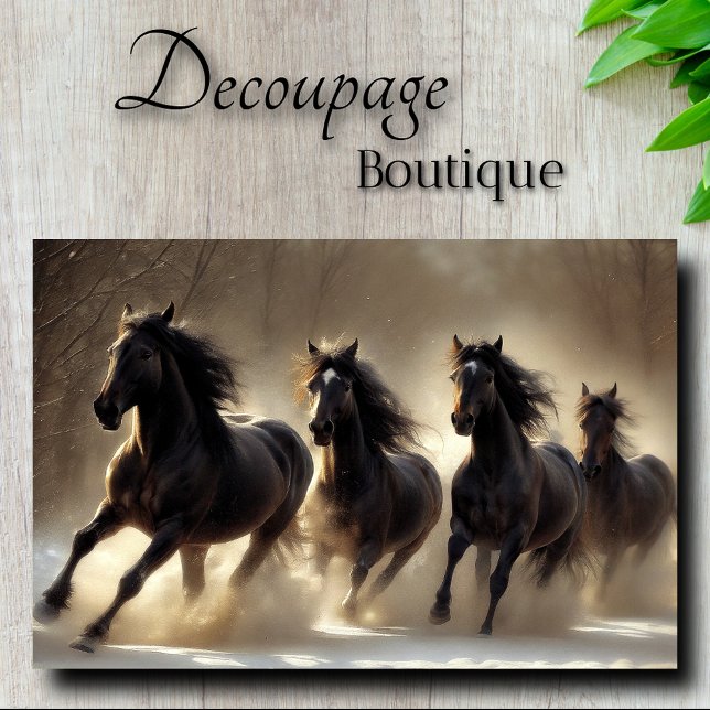 Dark Horse Herd Galloping in Snow Decoupage Tissue Paper (Dark Herd Galloping in Snow Decoupage Tissue Paper)