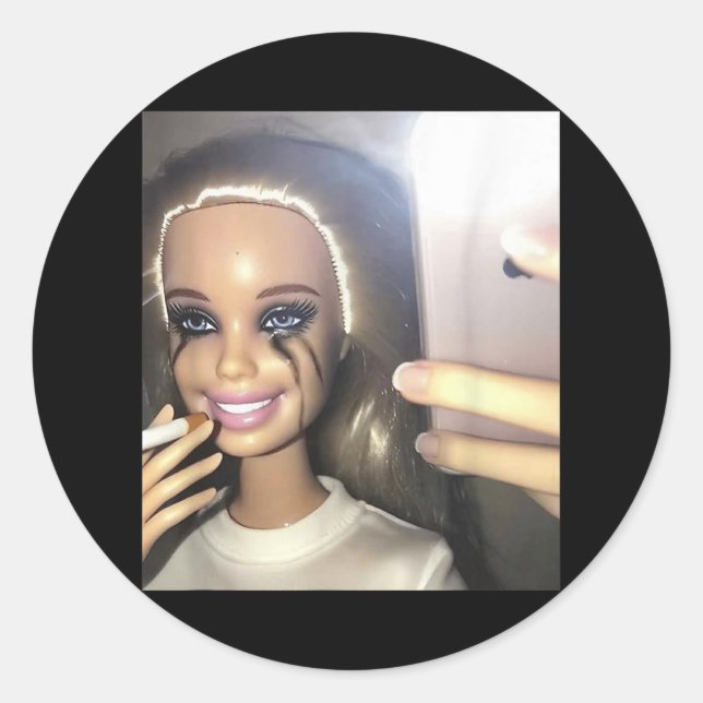 Dark Humour Doll Smoking Selfie Parody  Classic Round Sticker (Front)