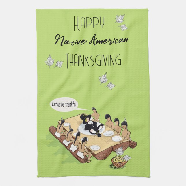 Dark Humour Native American Thanksgiving Cartoon  Tea Towel (Vertical)