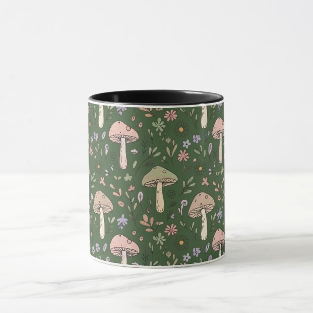 Dark Hunter Green Moody Fungi Seamless Pattern Mug (Center)