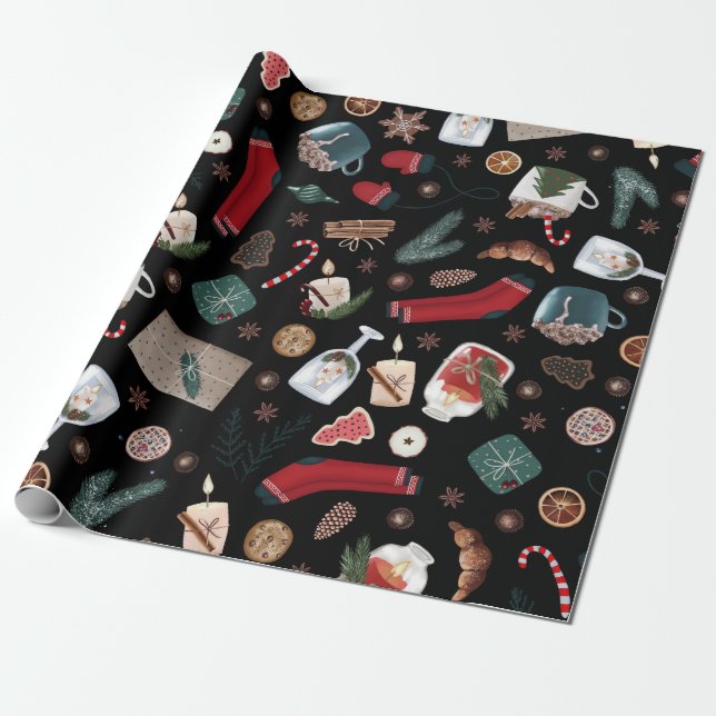 Dark Hygge Christmas Pattern Wrapping Paper (Unrolled)