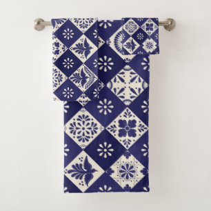 Dark Indigo Beige Mexican Floral Birds Talavera Bath Towel Set