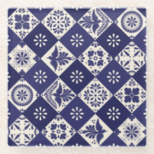 Dark Indigo Beige Mexican Floral Birds Talavera Glass Coaster