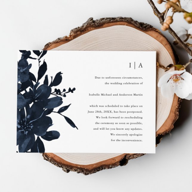 Dark Indigo Floral Wedding Postponement Announcement (Creator Uploaded)