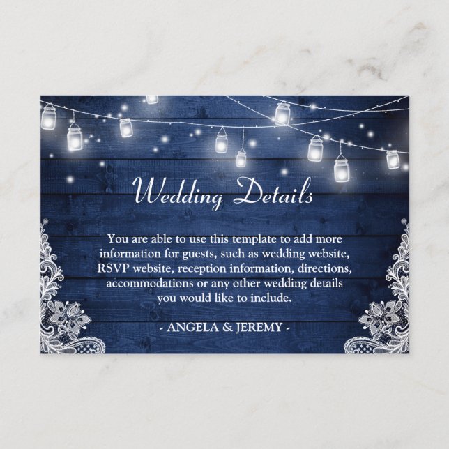 Dark Indigo Mason Jar Lights Lace Wedding Details Enclosure Card (Front)