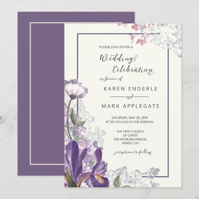 Dark Iris Floral Spring Ivory Wedding Invitation (Front/Back)