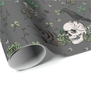 Dark Irish St. Patricks Day Clovers Floral Skull Wrapping Paper