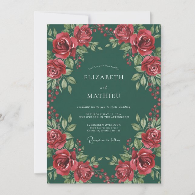 Dark Jade Crimson Petal Wedding Invitation (Front)