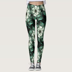 Dark Jade Green and White Fractal Flower Abstract Leggings