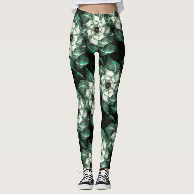Dark Jade Green and White Fractal Flower Abstract  Leggings (Front)