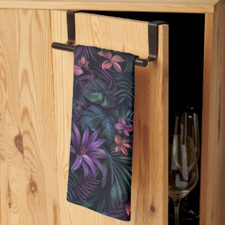 Dark Jungle Flowers Tea Towel