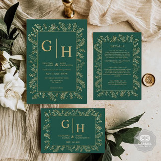 Dark Jungle Green Gold Leaf Border Floral Wedding  Invitation