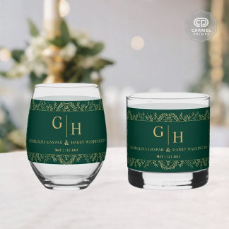 Dark Jungle Green Gold Leaf Border Floral Wedding Whiskey Glass