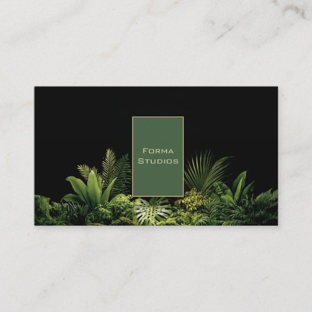 Dark Jungle Tropical Foliage Minimalist Black Business Card (Front)