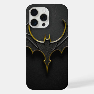 ​Dark Knight Gold Bat Symbol on Black Leather Text iPhone 15 Pro Max Case