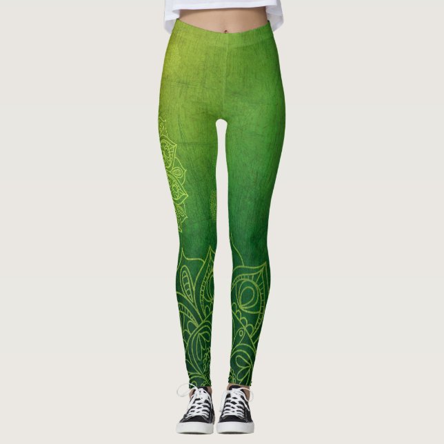Dark Lemon Lime Lotus Flowers Yoga Leggings (Front)