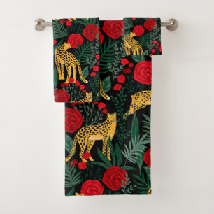 Dark Leopard Jungle with Roses  Bath Towel Set