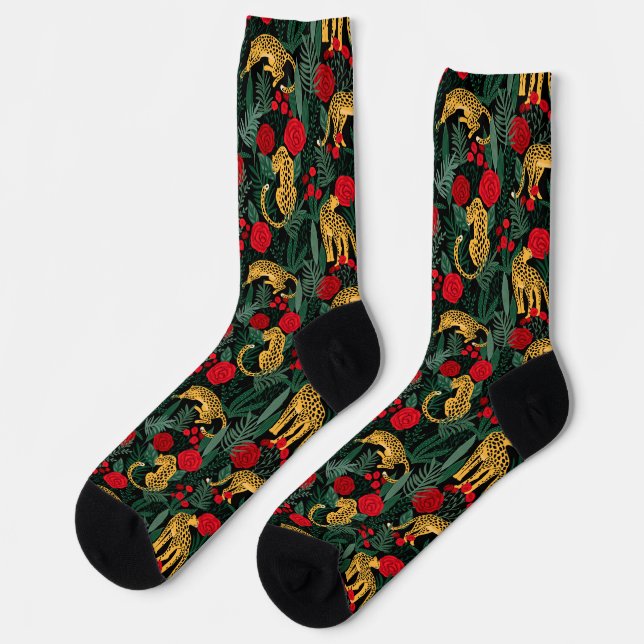 Dark Leopard Jungle with Roses  Socks (Left)