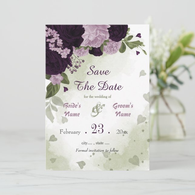 dark & light purple flowers green leaves botanica save the date (Standing Front)