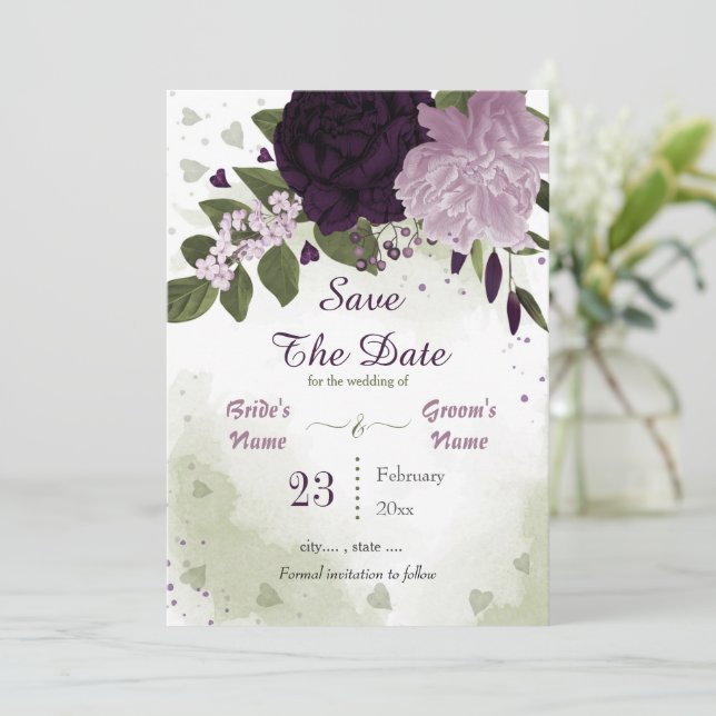 dark & light purple flowers green leaves botanical save the date (Standing Front)