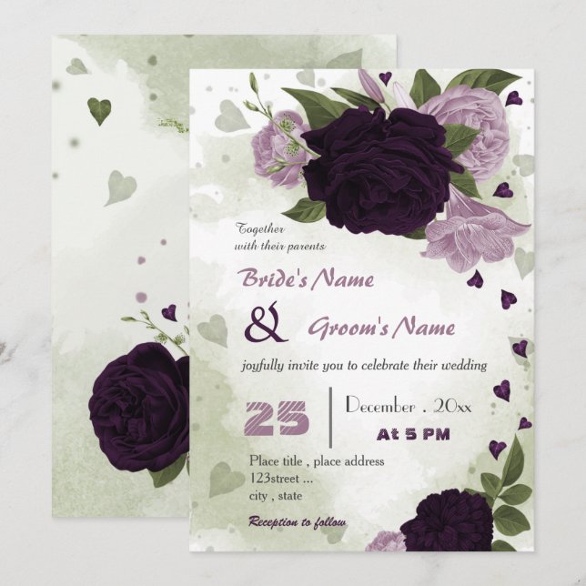 dark & light purple flowers greenery wedding invitation (Front/Back)
