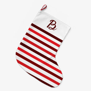 Dark Light Red Stripes Monogram Christmas Large Christmas Stocking