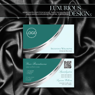 Dark Light Teal Silver Decor with Logo and QR-Code Business Card