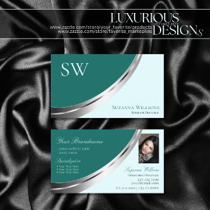 Dark Light Teal Silver Decor with Monogram & Photo Business Card