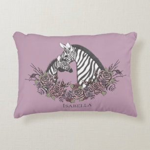 Dark Lilac Mama and Baby Zebra Hand-Drawn Accent Decorative Cushion