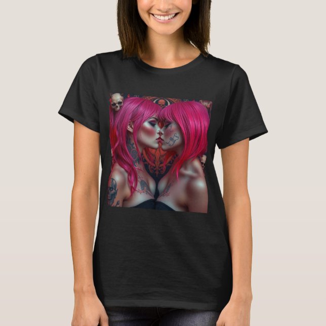 Dark Love: Women with Pink Hair and Tattoos T-Shirt (Front)