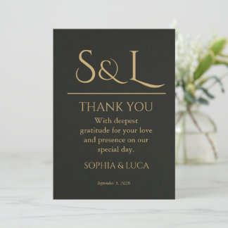 Dark Luxe Gold Monogram Wedding Thank You Card 