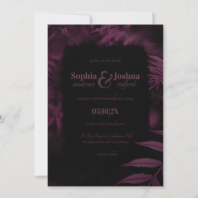 Dark Magenta Leaves Gothic Wedding Handfasting Invitation (Front)