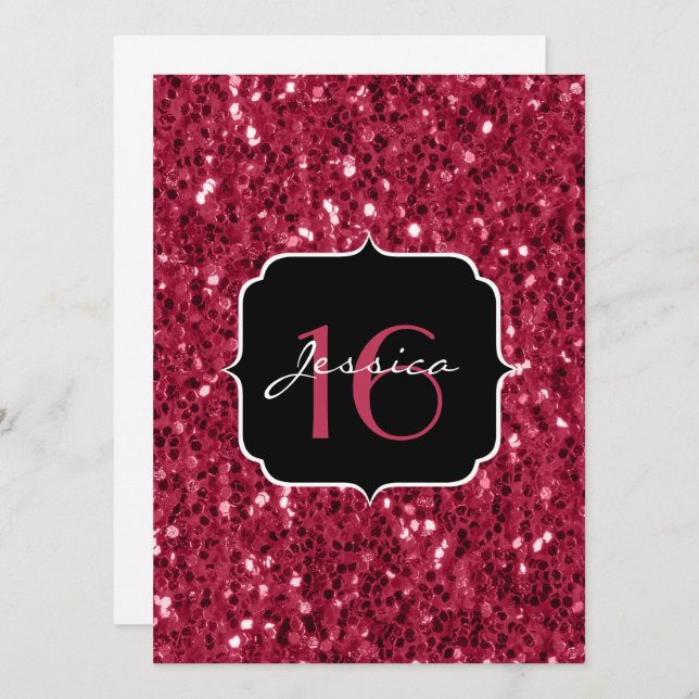 Dark magenta pink faux glitter sparkles Sweet 16 Invitation (Front/Back)