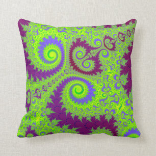 Dark Magenta Purple and Lime Green Fractal Spiral Cushion