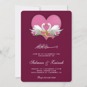 Dark Magenta Romantic Swans Islamic Engagement Invitation