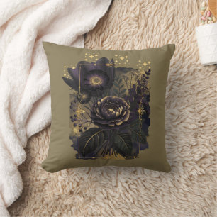 Dark Magical Floral Bouquet in Golden Frame Cushion