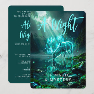 Dark Magical Glowing Cyan Spirit Stag Fantasy Invitation