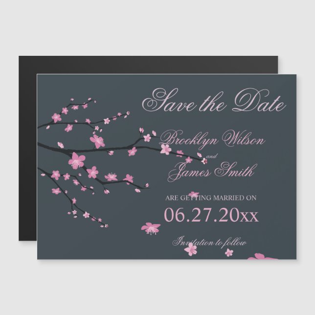 Dark Magnetic Cherry Blossom Wedding Save The Date Invitation (Front/Back)