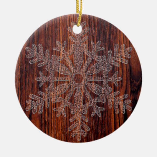 Dark Mahogany Wood crystal snowflakes  Ceramic Tree Decoration (Front)