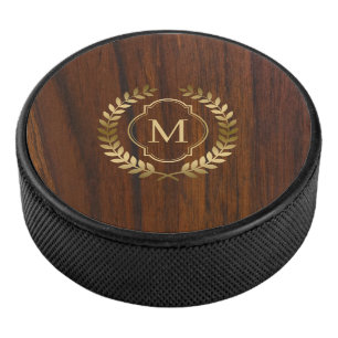 Dark mahogany wood gold badge monogram hockey puck
