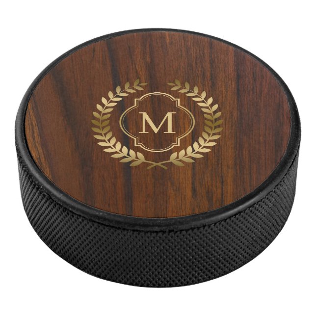 Dark mahogany wood gold badge monogram hockey puck (3/4)