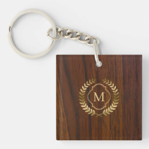 Dark mahogany wood gold badge monogram key ring