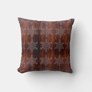 Dark Mahogany wood grain   brown wood   snowflakes Cushion