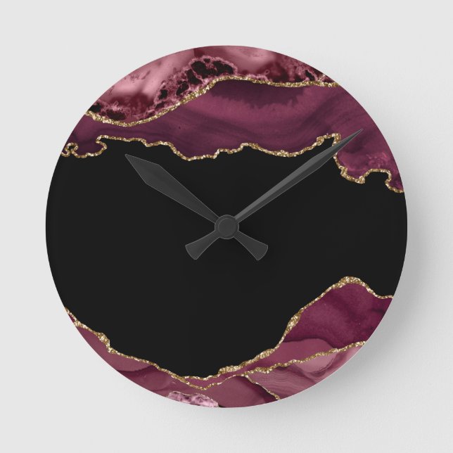 Dark Marble Agate Wine Red Golden Glitter Accents Round Clock (Front)